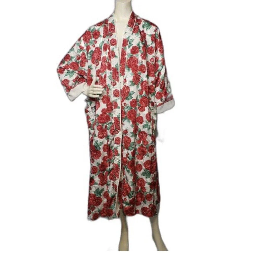 Vintage Victorias Secret Floral Satin‎ Robe Gold Label Red Roses Maxi Size M/L